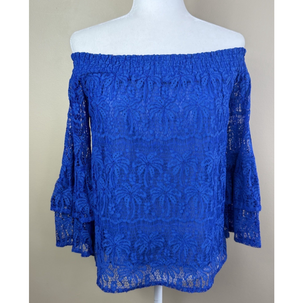 Lilly Pulitzer TOBYN XS Off The Shoulder Top Ikat Blue Palm Tree Lace Blouse - Picture 5 of 9